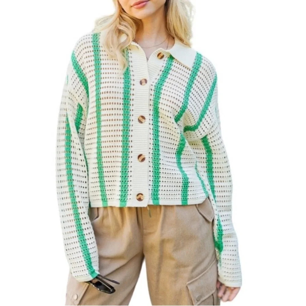 Women's Ivory Green Stripe Crochet Button-Down Sweater - NWOT